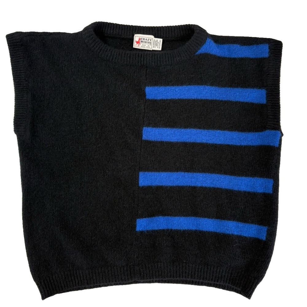 Vtg 80s 90s Crazy Horse Asymmetric Striped Sweater Vest Angora Lambswool Blend M